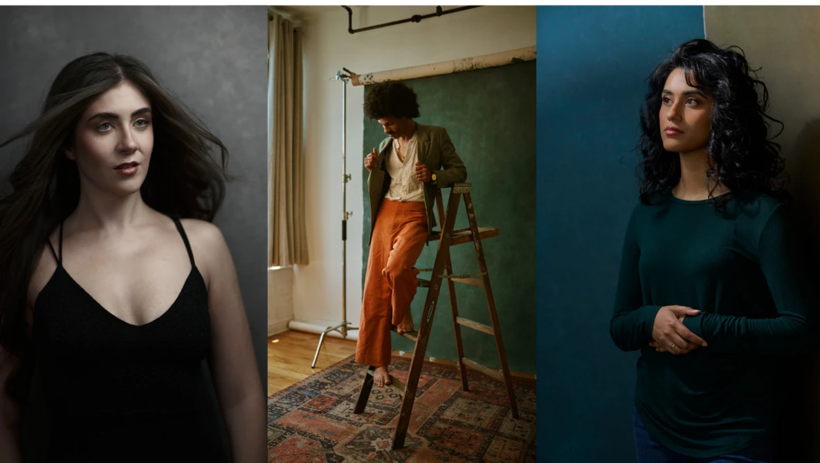 Three portrait studies showing different lighting setups and background colors with varied poses and clothing.