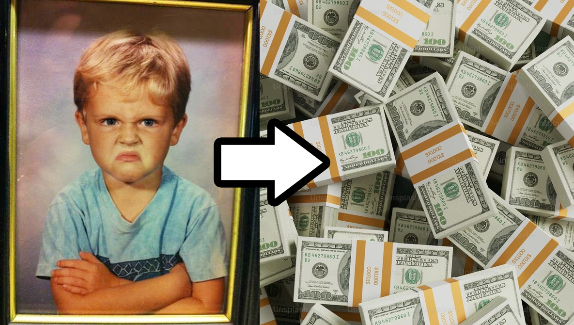 Composite image contrasting a young child's portrait photograph with stacks of U.S. currency.