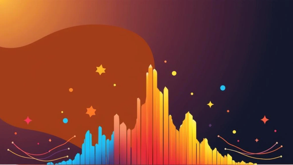 Illustration of a colorful bar chart with gradient spectrum transitioning from blue to orange and yellow against a dark abstract background.