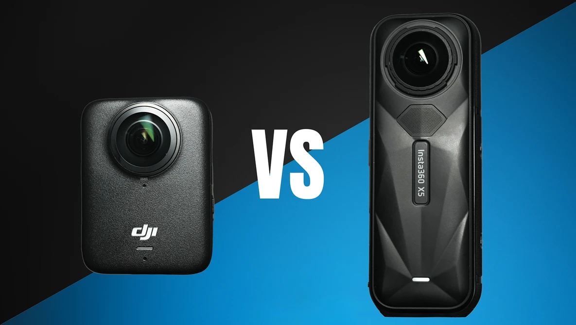 Comparison graphic of two compact camera devices positioned side by side against contrasting dark and blue backgrounds.