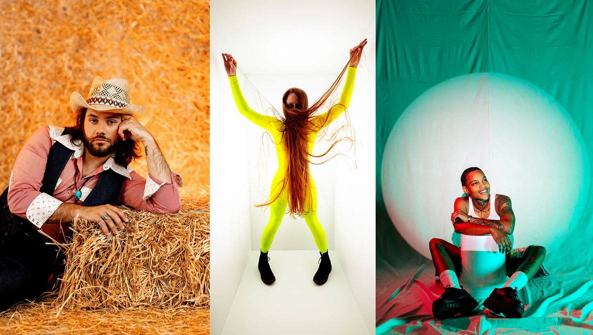Three studio portraits with vibrant colored backdrops and creative posing demonstrating lighting and composition techniques.