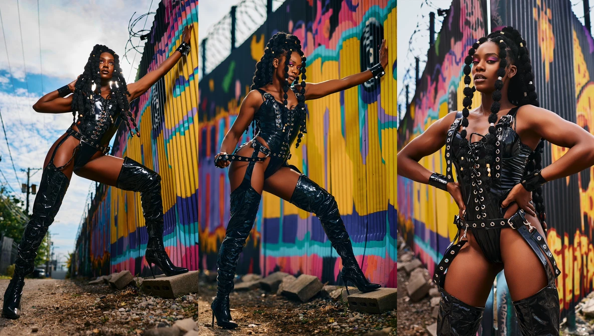 Three dancers in black sequined outfits posing dynamically in front of a colorful striped mural.