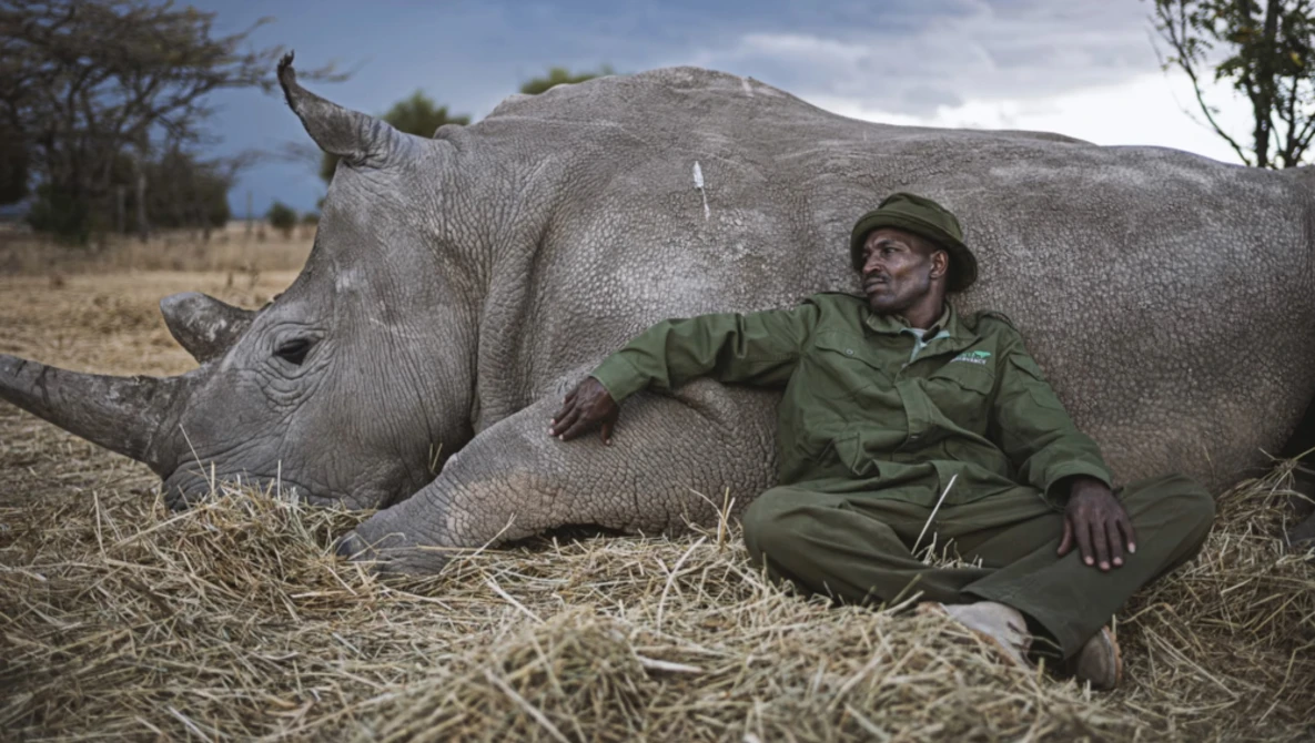 Wildlife ranger resting against a recumbent rhinoceros in an arid savanna landscape.