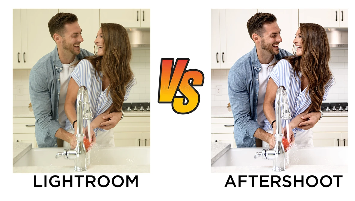 Side-by-side comparison of the same kitchen scene with different post-processing treatments labeled Lightroom and Aftershoot.