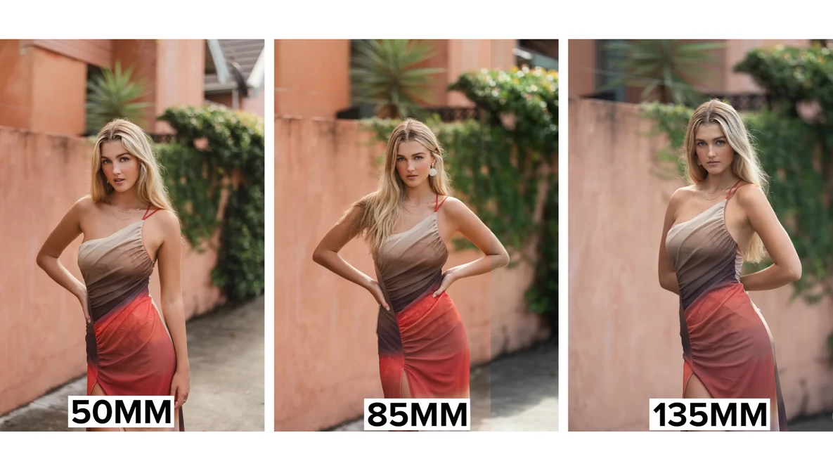 Three side-by-side portraits of the same woman taken with 50mm, 85mm, and 135mm lenses showing focal length comparison.