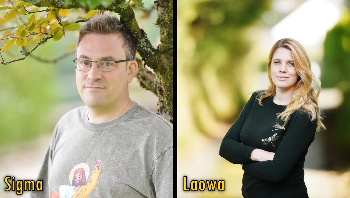 Side-by-side portrait comparison showing two people with different lighting and styling approaches.