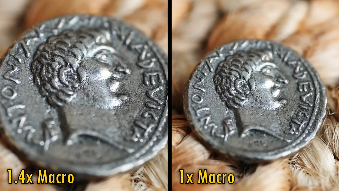 Ancient Roman coin shown at two magnification levels, 1x and 1.4x macro, displaying a profile portrait and inscribed text.