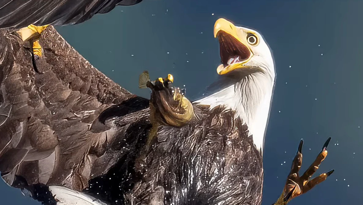 Bald eagle with open beak perched on rocky outcrop against blue sky, shot from below.