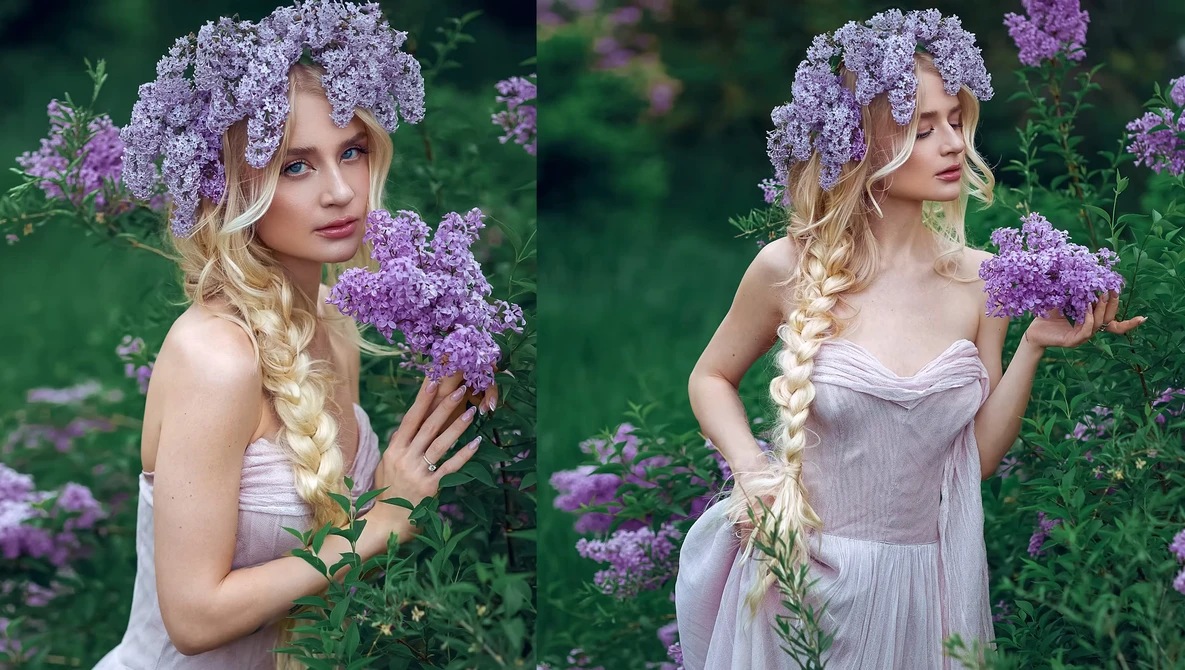 Woman with blonde braid and lilac flower crown posing among purple flowering plants in two poses.