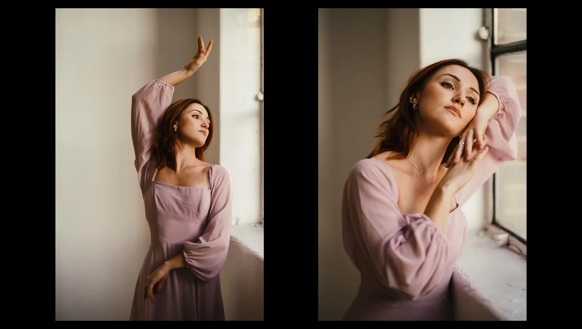 Woman in lavender long-sleeved dress posing by bright window in two compositional variations.