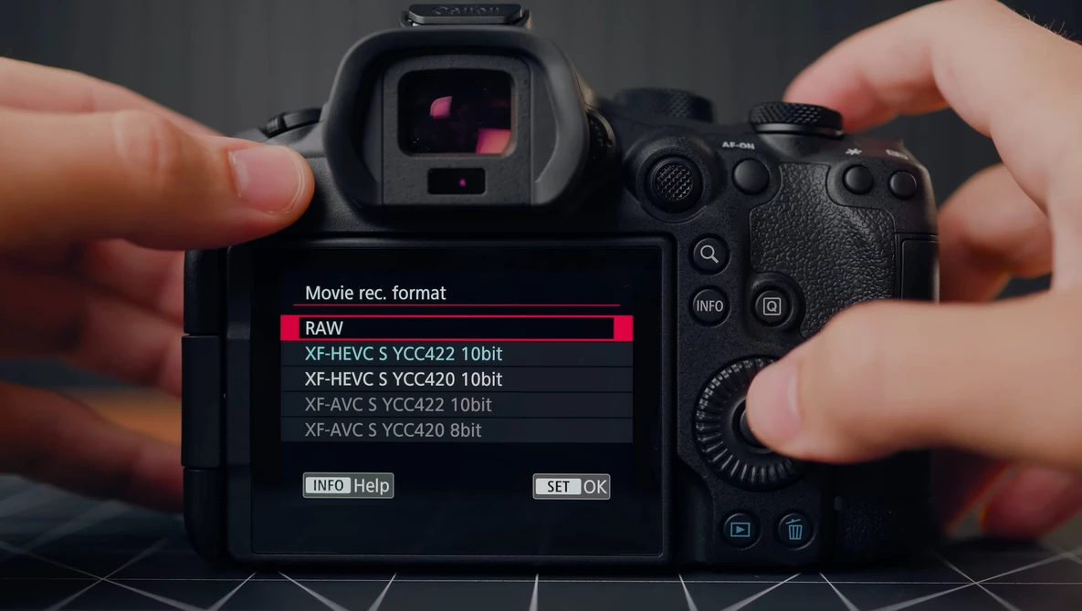 Screenshot of a camera's movie recording format menu displaying RAW and XF-HEVC codec options at various bit rates.