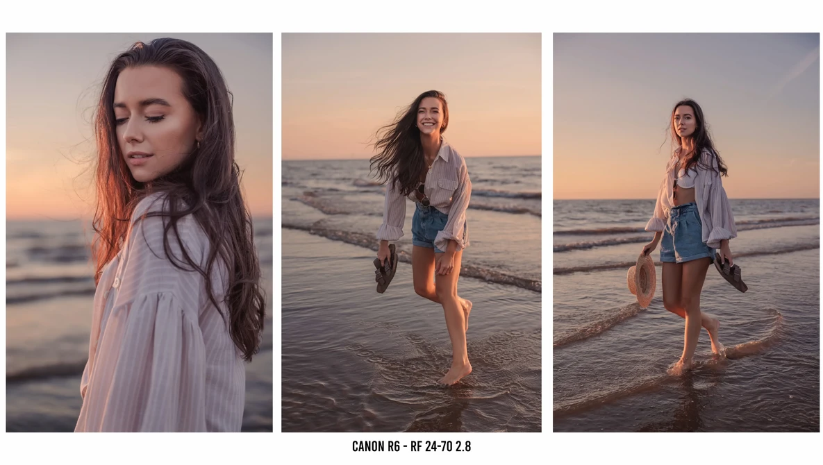 Woman in light blue shirt running through shallow ocean water at golden hour sunset.