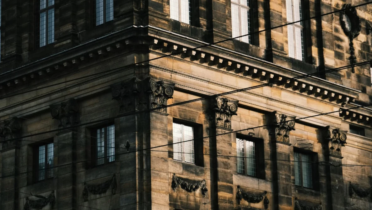 Ornate stone building corner with classical columns, decorative corbels, and strong shadow patterns from tree branches.