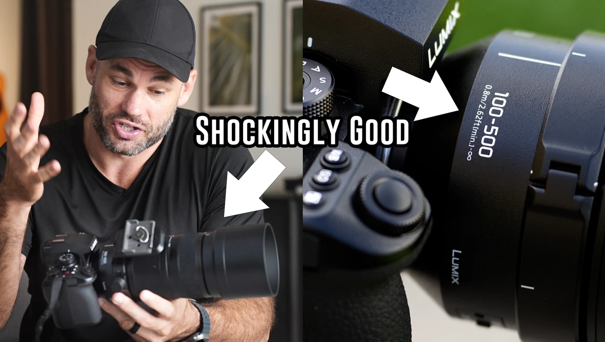 Photographer holding camera with telephoto lens, with close-up details of lens focus ring and AF/MF switch visible.