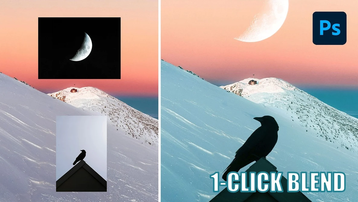 Screenshot of Photoshop comparison showing moon replacement and bird silhouette blending technique.