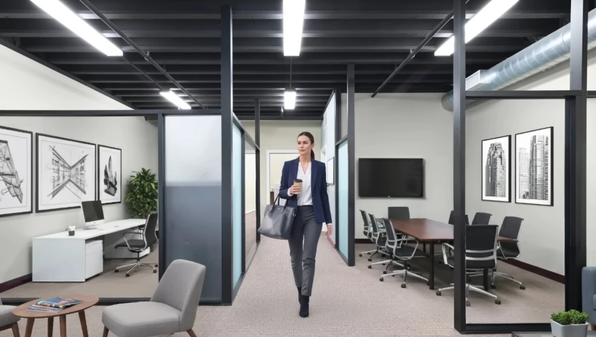 Professional woman in dark blazer walking through modern office corridor with glass partitions and fluorescent lighting.