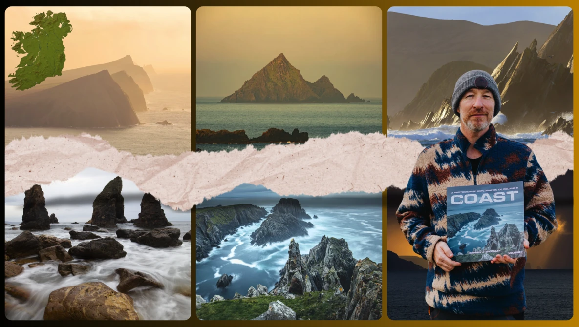 Collage of dramatic coastal landscapes featuring steep cliffs, sea stacks, and a person holding a photography book.