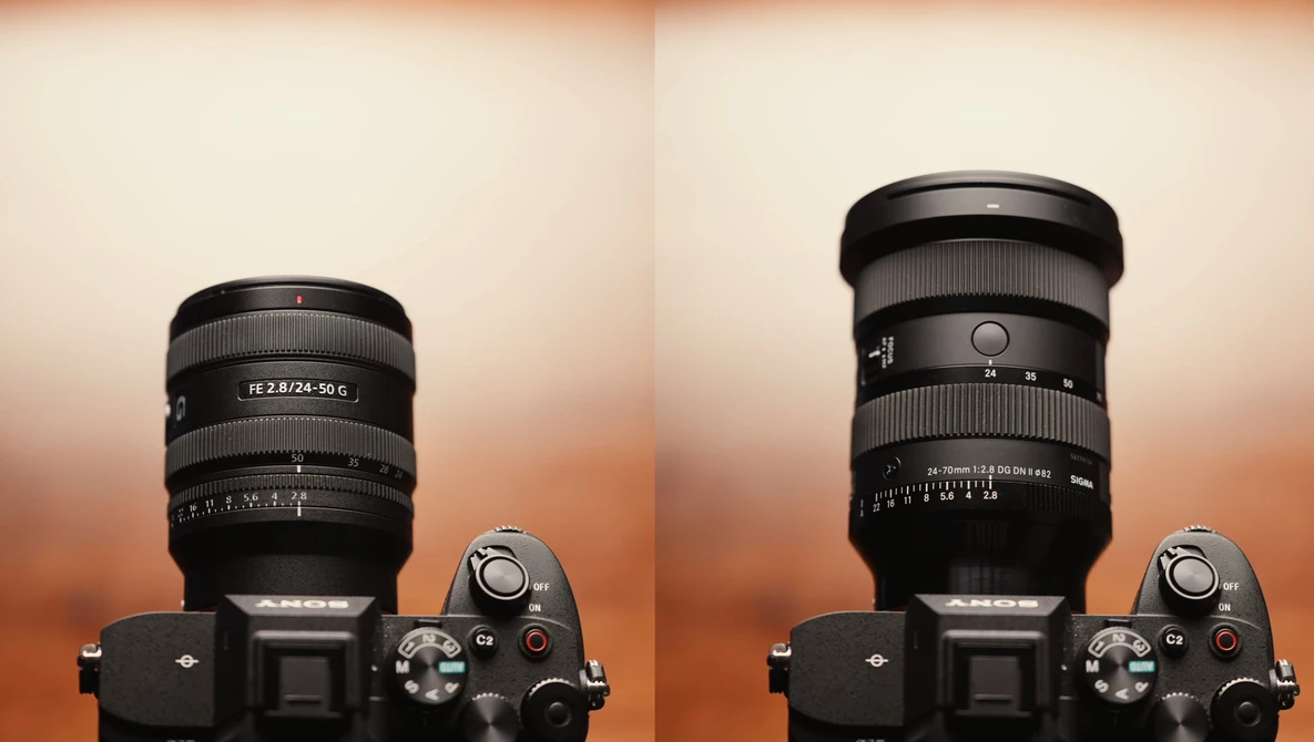 Two mirrorless cameras with different zoom lenses mounted, displayed against a warm gradient background.