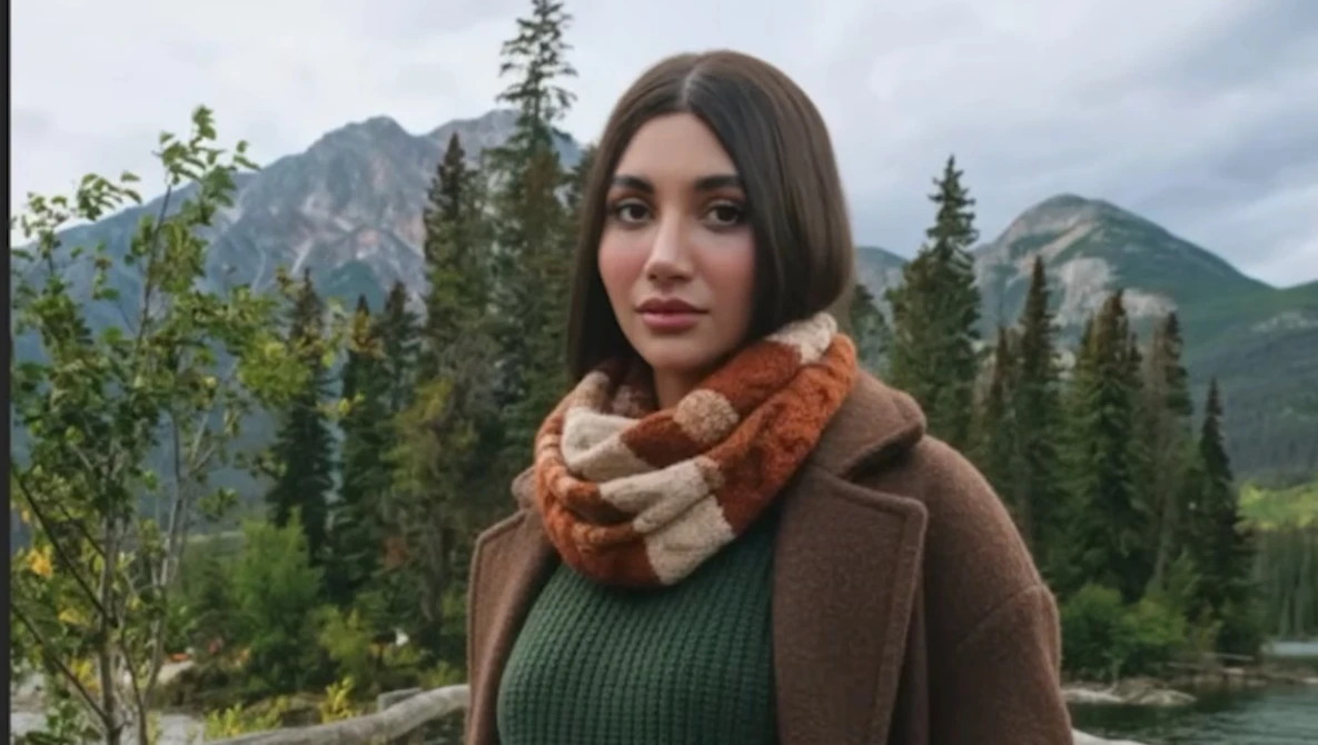 Woman in brown cardigan and green top with rust-patterned scarf, standing against mountain landscape with evergreen forest.