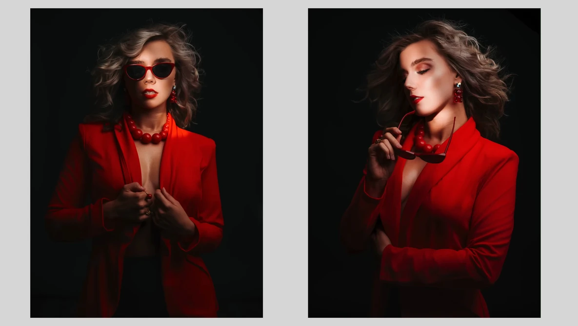 Two side-by-side portraits of a woman in a red blazer against a black background, demonstrating dramatic studio lighting techniques.