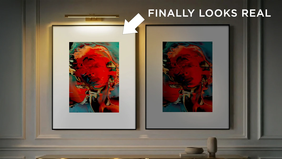 Two framed pop art portraits side by side, with the right frame labeled as the final version looking more realistic.