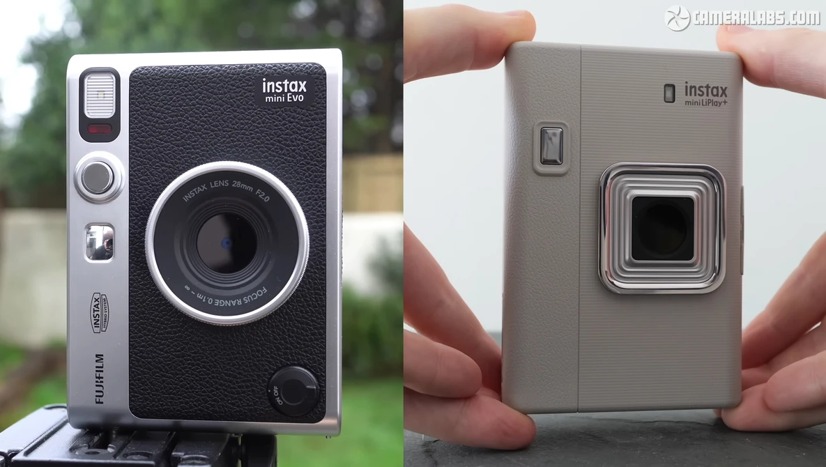 Side-by-side comparison of two Instax instant cameras showing their front and back designs.