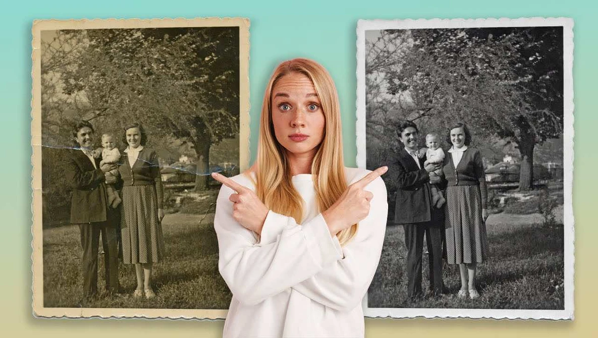 Woman in white shirt pointing at two side-by-side vintage photographs showing the same scene in color and black-and-white.