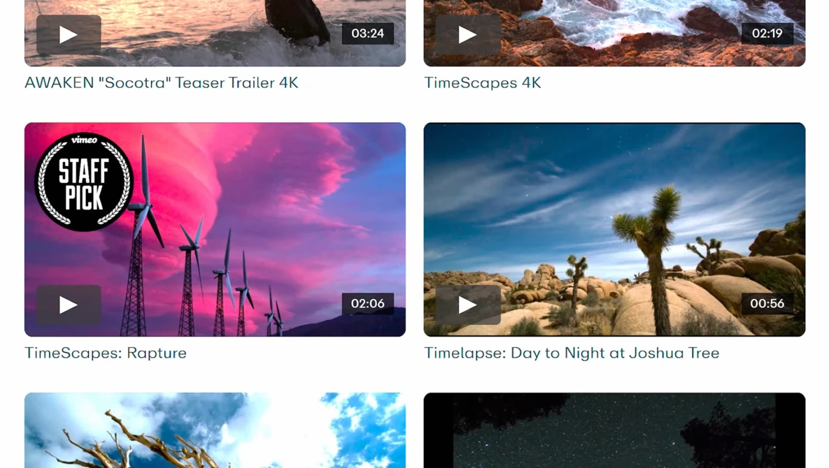 Screenshot of six video thumbnails showcasing landscape and timelapse cinematography content.