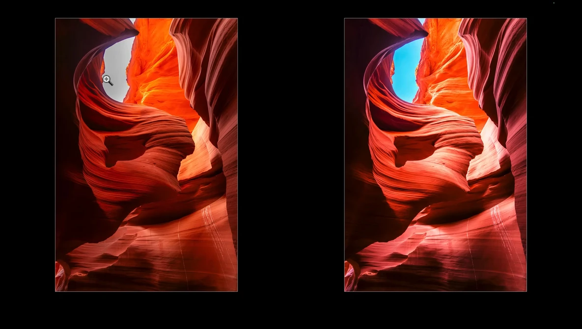 Side-by-side comparison of slot canyon images showing different color grading approaches to the same scene.