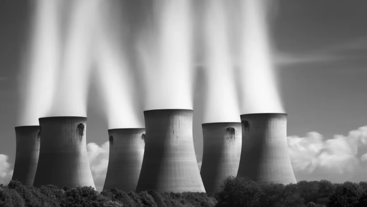 Cooling towers of an industrial power plant emitting white steam plumes against a dramatic sky in black and white.