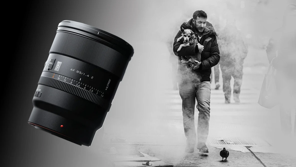 Telephoto zoom lens positioned next to black and white photograph of person jogging through misty street.