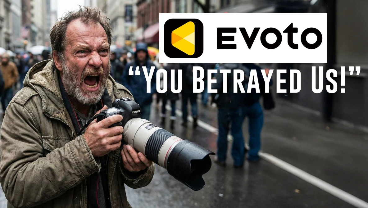 Photographer with telephoto lens expressing frustration in an urban street setting.
