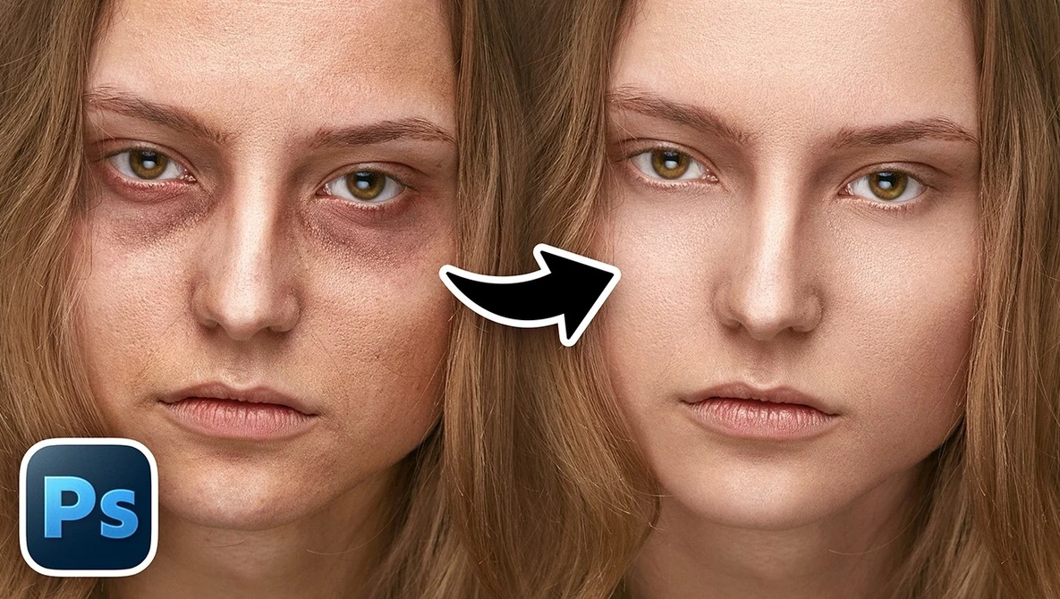 Screenshot showing before and after comparison of skin retouching in Adobe Photoshop.