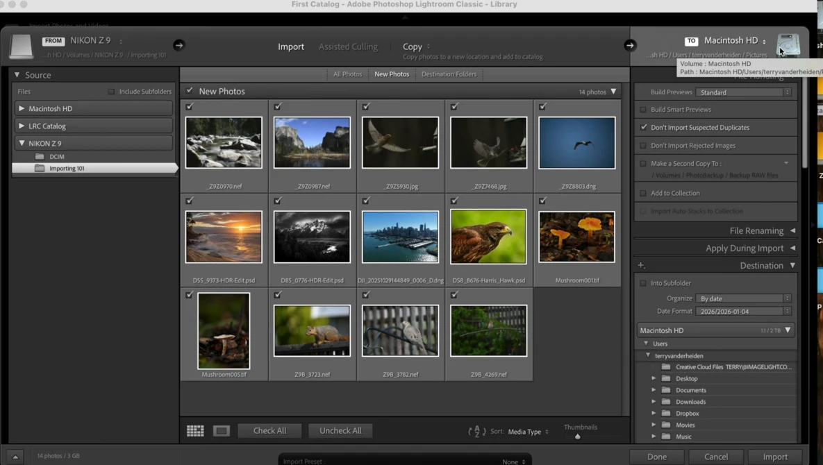 Screenshot of Lightroom's Import dialog showing a grid of landscape and nature photographs ready for import.