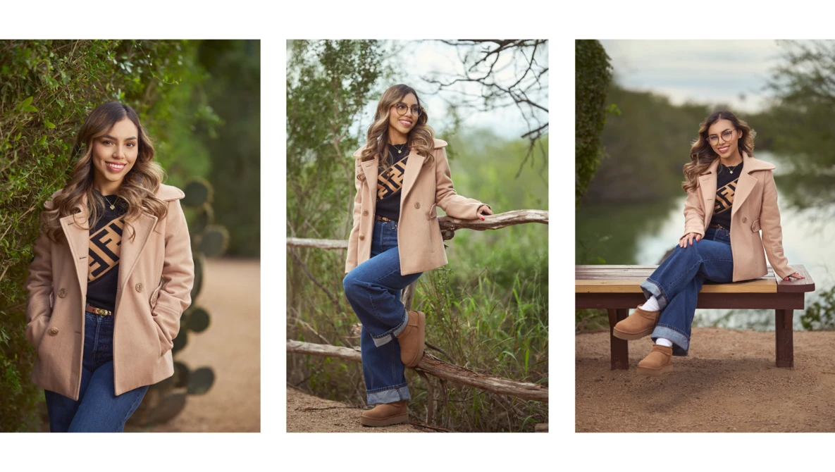 Woman in beige blazer and dark jeans poses in three outdoor locations with natural lighting.