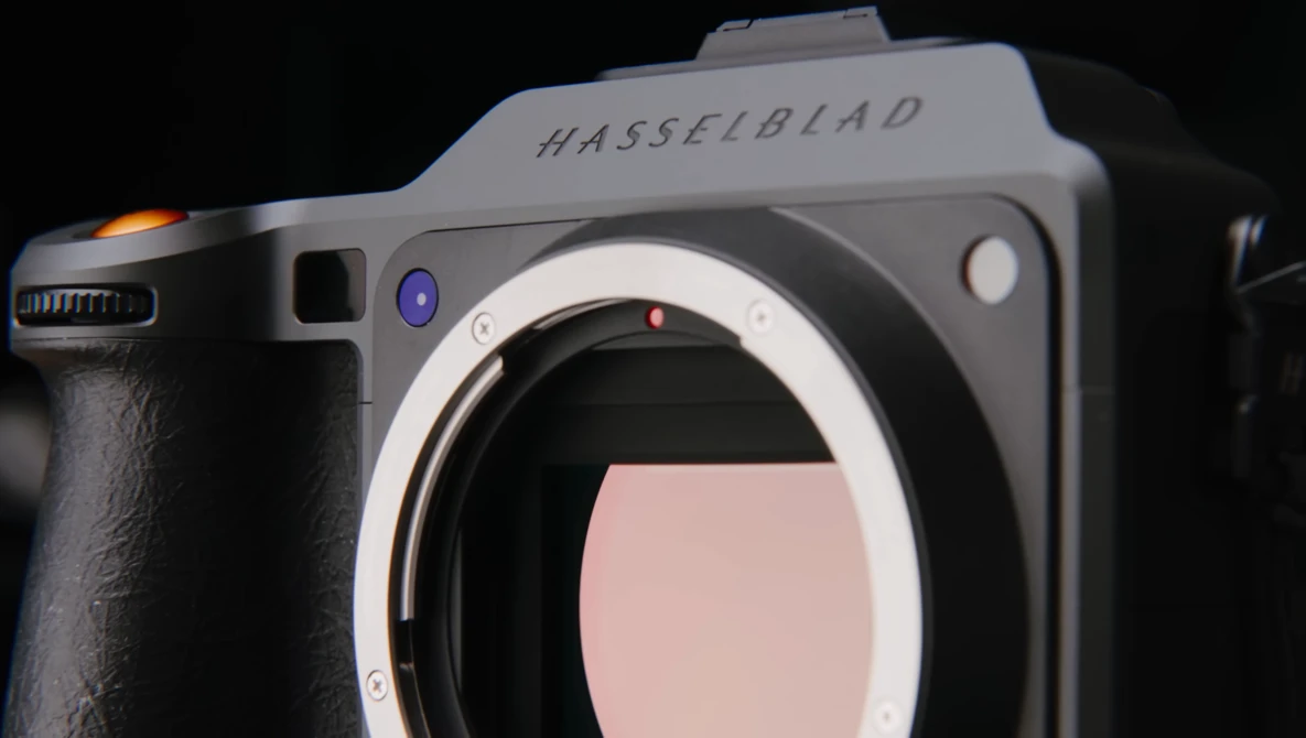 Hasselblad medium format camera body shown from front angle against black background.