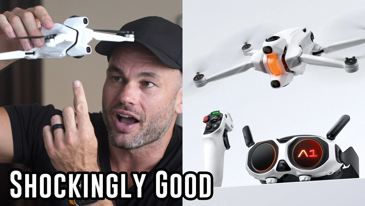 Man holding a compact white drone while gesturing enthusiastically at camera.