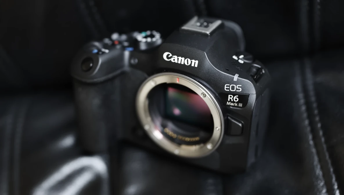 Canon EOS R6 Mark II mirrorless camera body displayed against dark fabric background.