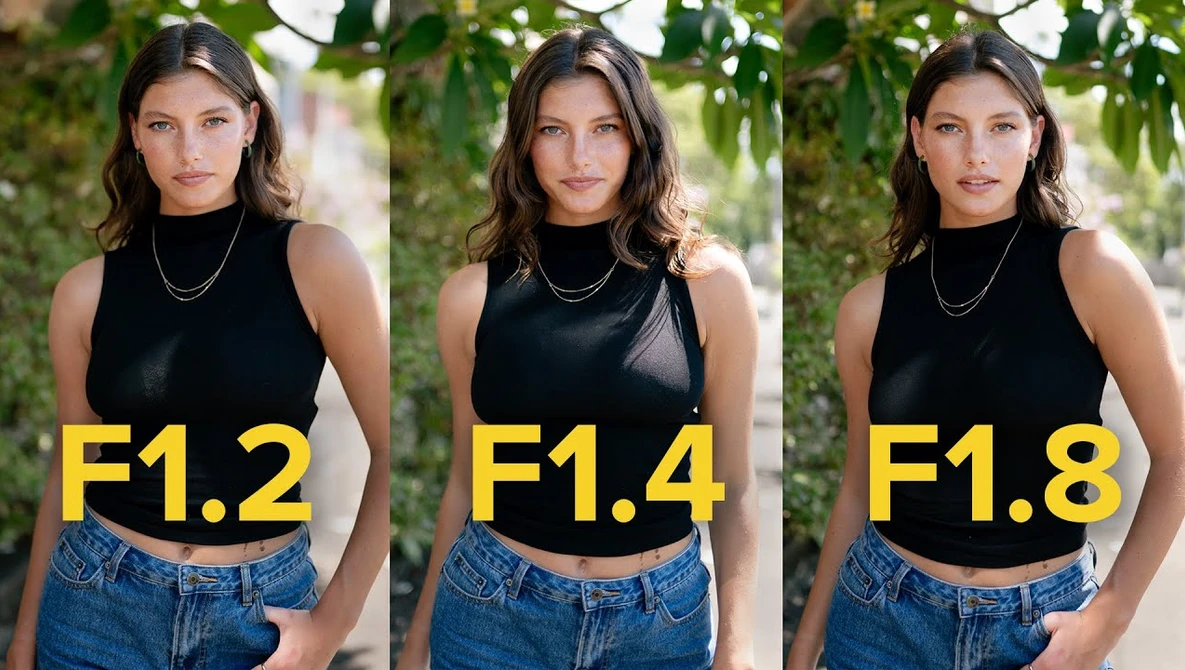 Three side-by-side portraits demonstrating aperture settings F1.2, F1.4, and F1.8 with varying depth of field.