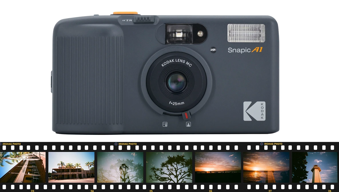 Kodak Snapic A1 compact film camera with flash and Kodak lens, shown above a film strip of landscape photographs.
