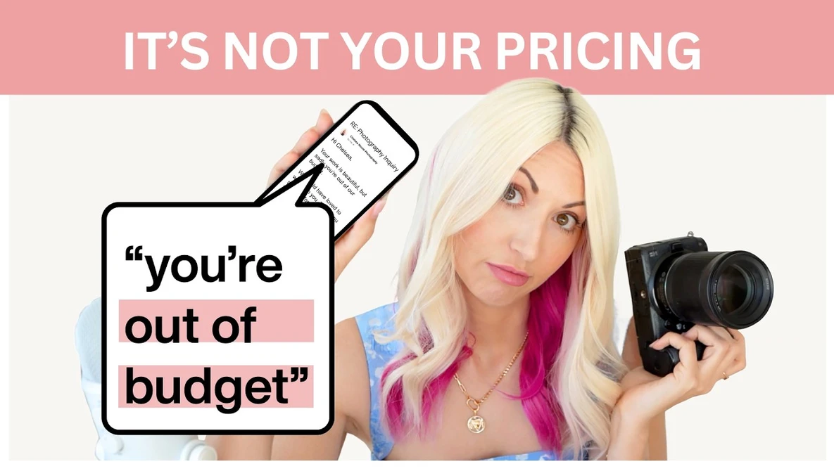 Graphic showing a photographer with camera and phone displaying budget message.