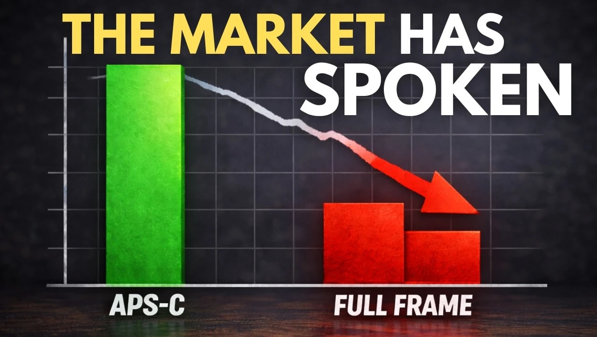 Chart graphic comparing APS-C and full frame camera performance with green and red bars.