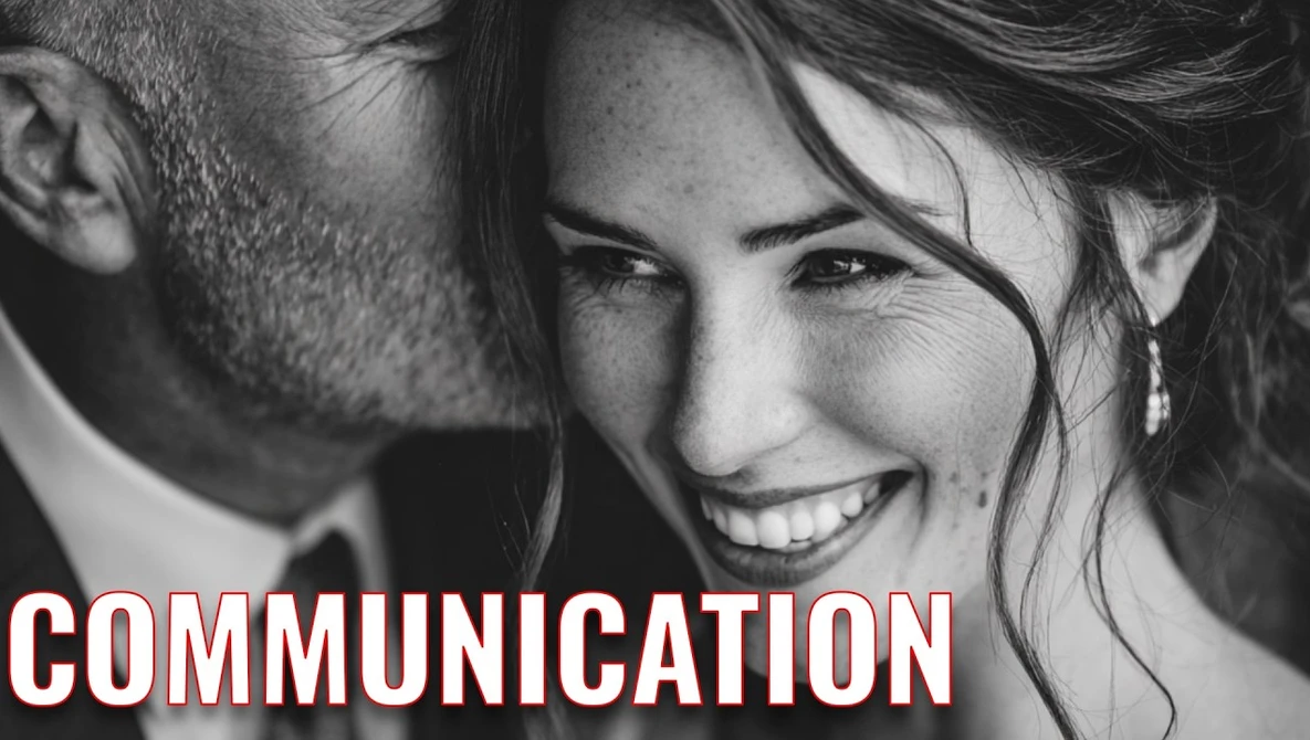 Man whispering to smiling woman in black and white portrait photography.