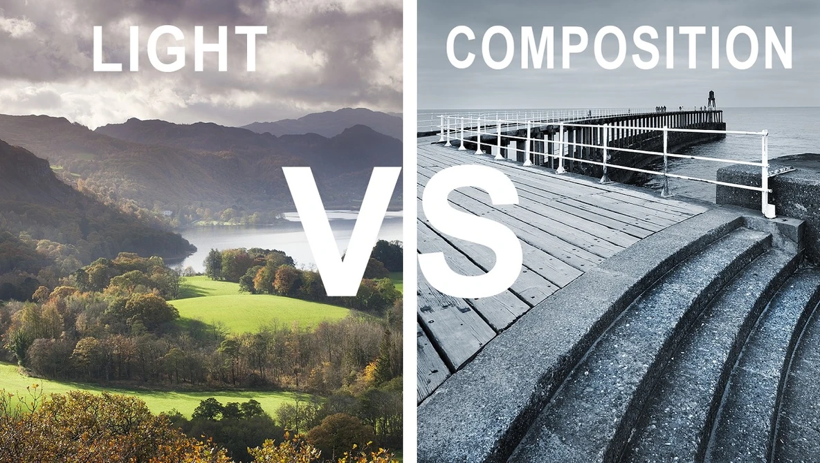 Split-screen comparison of landscape photography showing dramatic natural light versus architectural photography with strong geometric composition.