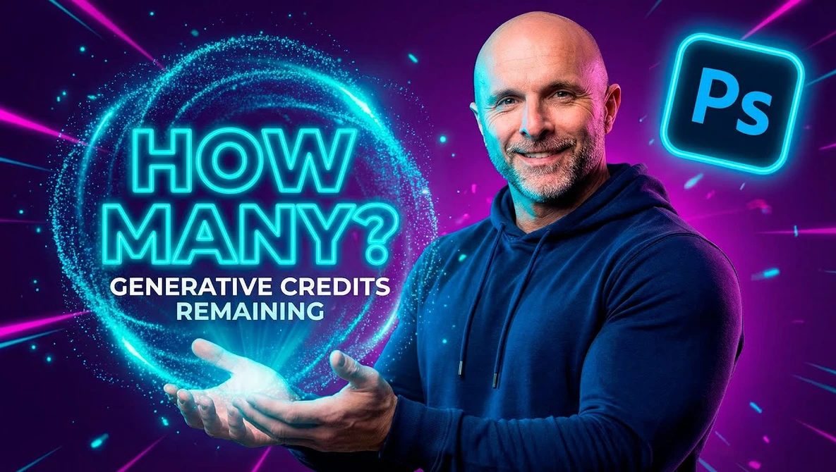 Man in dark hoodie holding glowing cyan sphere with text "HOW MANY? GENERATIVE CREDITS REMAINING" against purple and magenta neon background.