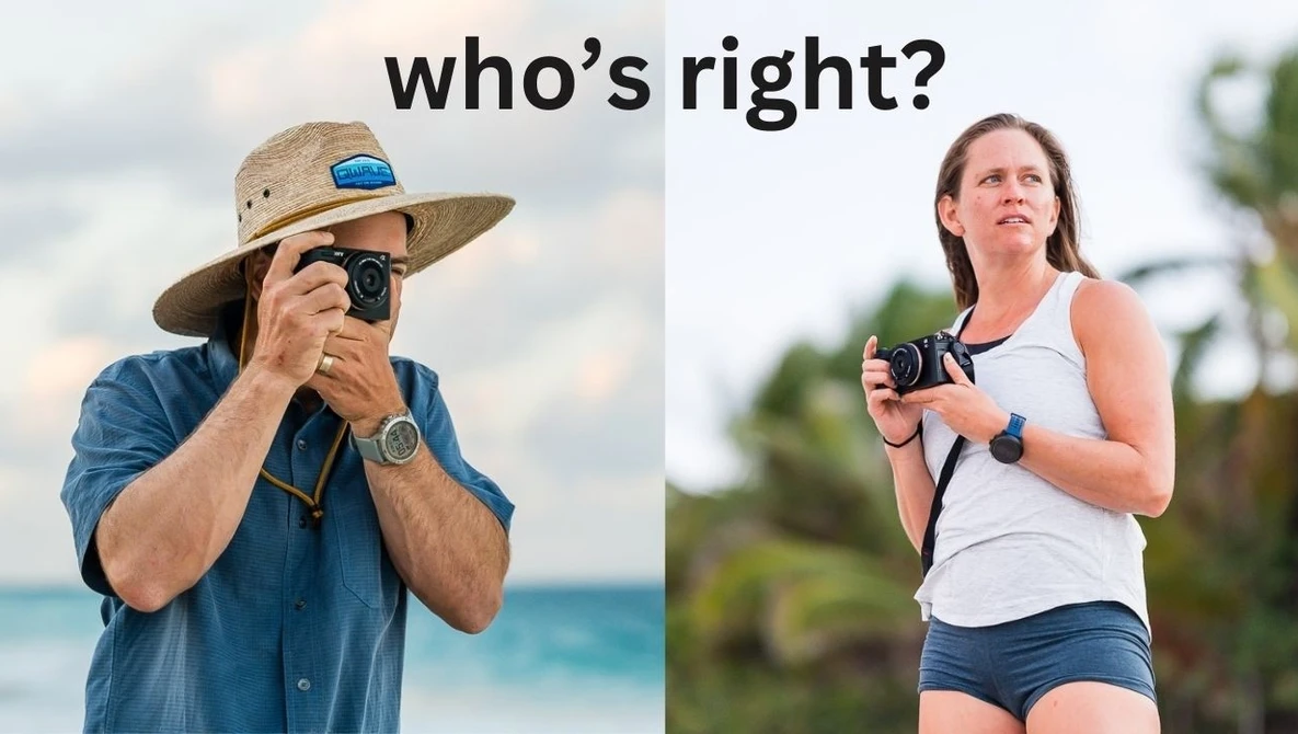 Meme comparing two photographers holding cameras in different poses and settings.