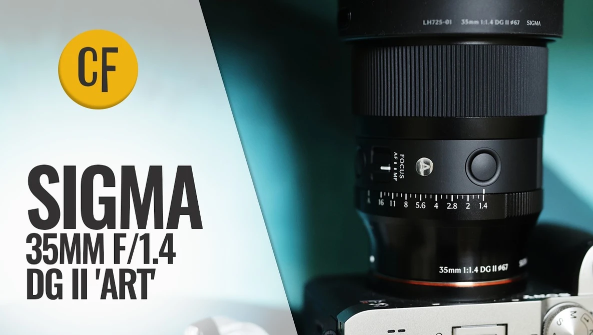 Sigma 35mm f/1.4 DG II Art lens mounted on camera body against teal background.