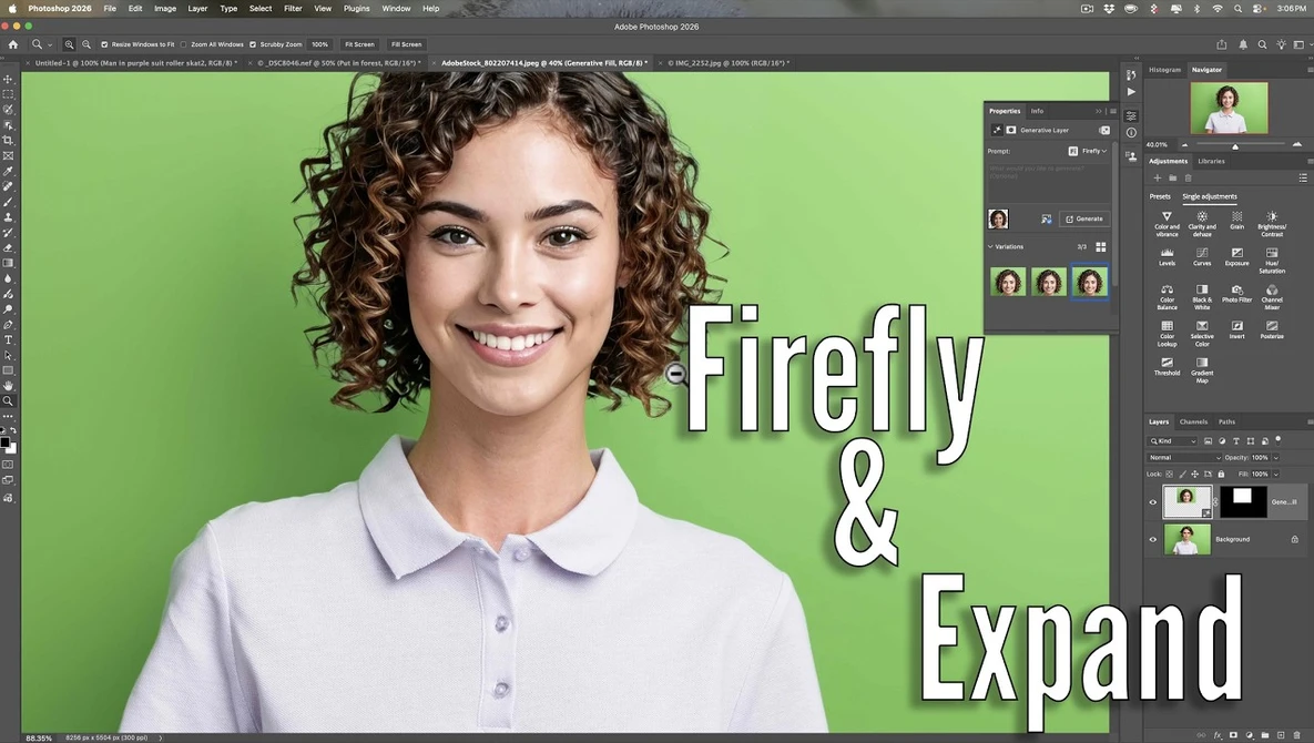 Portrait of a woman with curly brown hair smiling against a bright green background with overlaid text reading "Firefly & Expand."