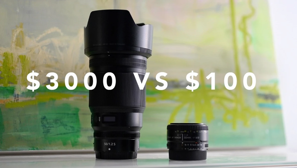 Two camera lenses of different sizes positioned side by side with price labels comparing a $3000 lens to a $100 lens.
