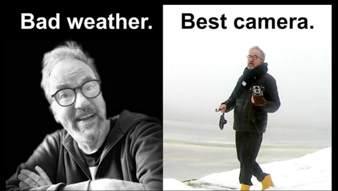 Graphic comparing bad weather conditions with best camera equipment for adverse shooting. Left side shows a person indoors in black and white; right side shows a person outdoors in harsh weather with professional gear.